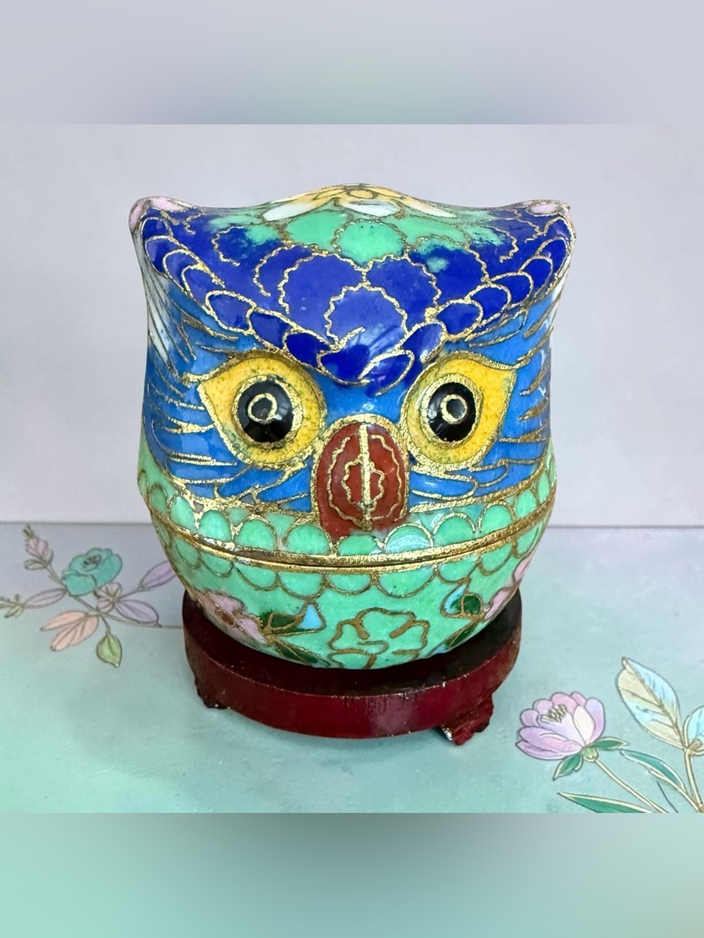 Vintage Cloisonné Enameled Owl Trinket and Custom Stand -